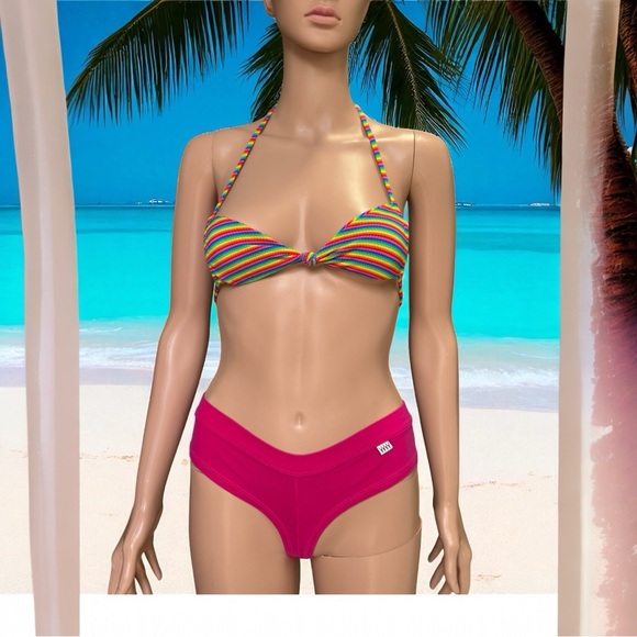 Multicolor Striped Bikini Set with Pink Bottom S top XS - Picture 1 of 10